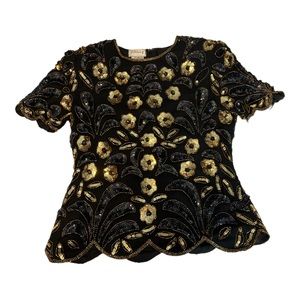 Vintage Stenay Women’s Silk 80’s Gold and Black Bling Blouse Top